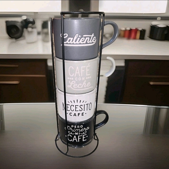 Unbranded Other - 4 Stoneware Stackable Coffee Mug Set with Stand  Spanish Coffee Inspired Saying.